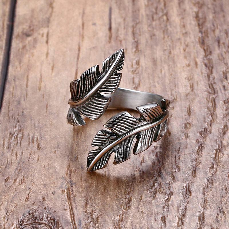 European and American Feather Leaf Open Ring - Retro Style for Men and Women, Trendy Couple's Tail Ring