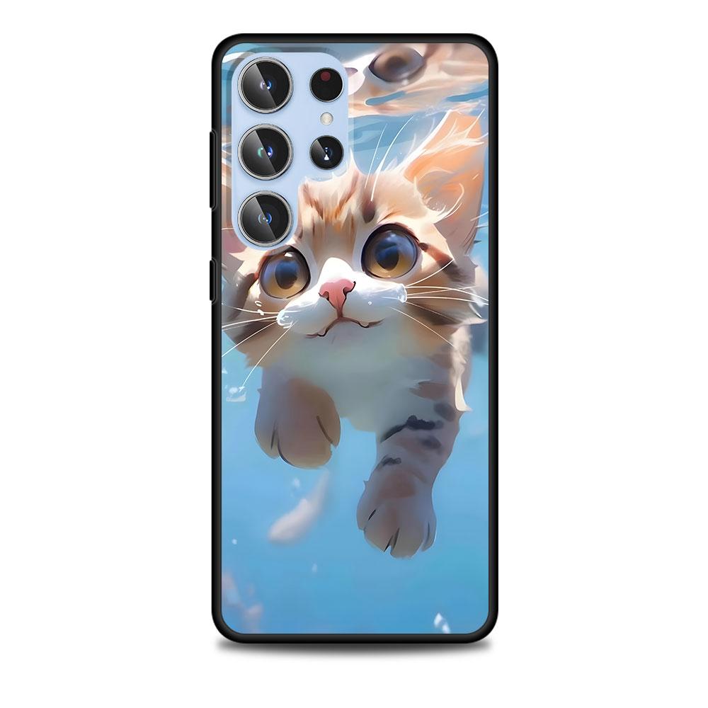 Cute Cat Cartoon Dog Case for Samsung Galaxy S23 S21 S20 FE S24 S22 Ultra S10 S10e S9 Plus Soft Black TPU Phone Cover Bumper