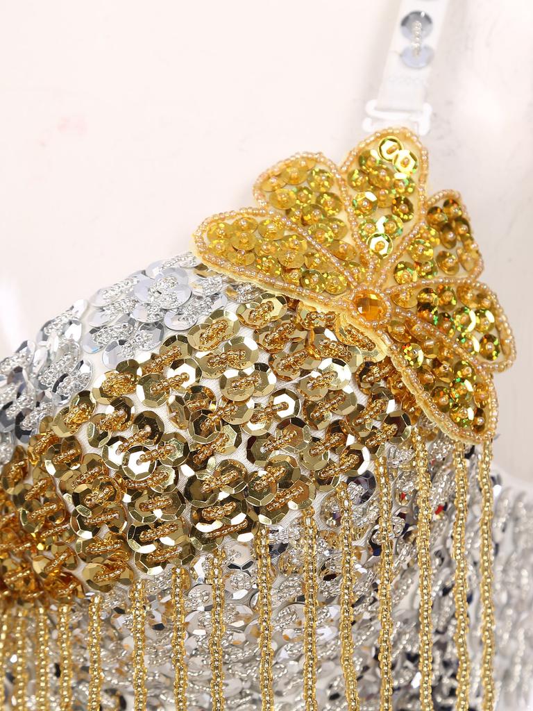 Womens Sparkly Sequins Belly Dance Top Adjustable Straps Plastic Beaded Tassels Underwired Bra