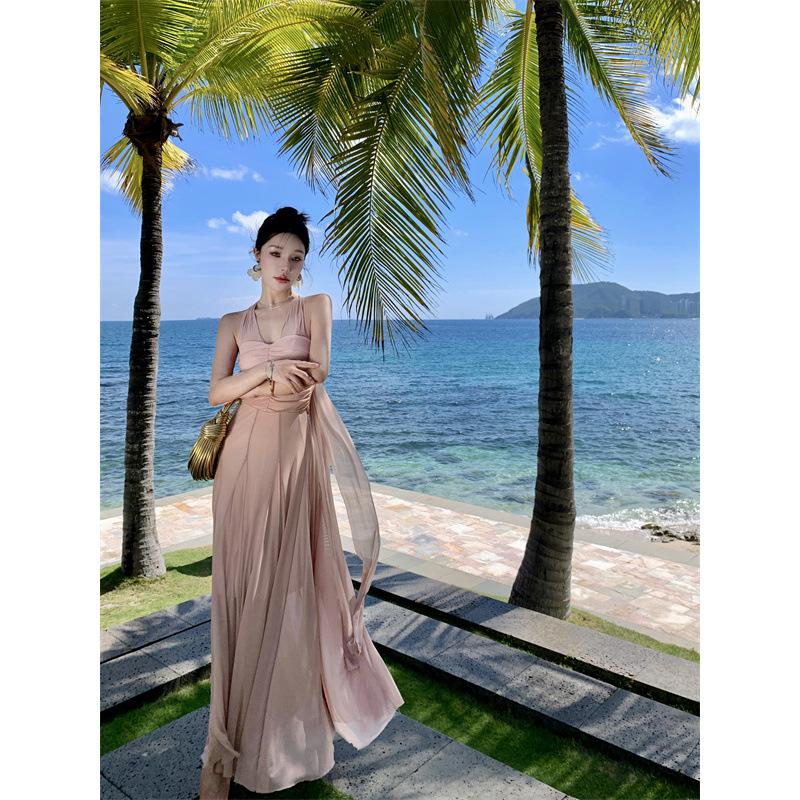 French super fairy streamer neck dress spring and summer vacation style pure desire sexy waist pleated collar mesh dress