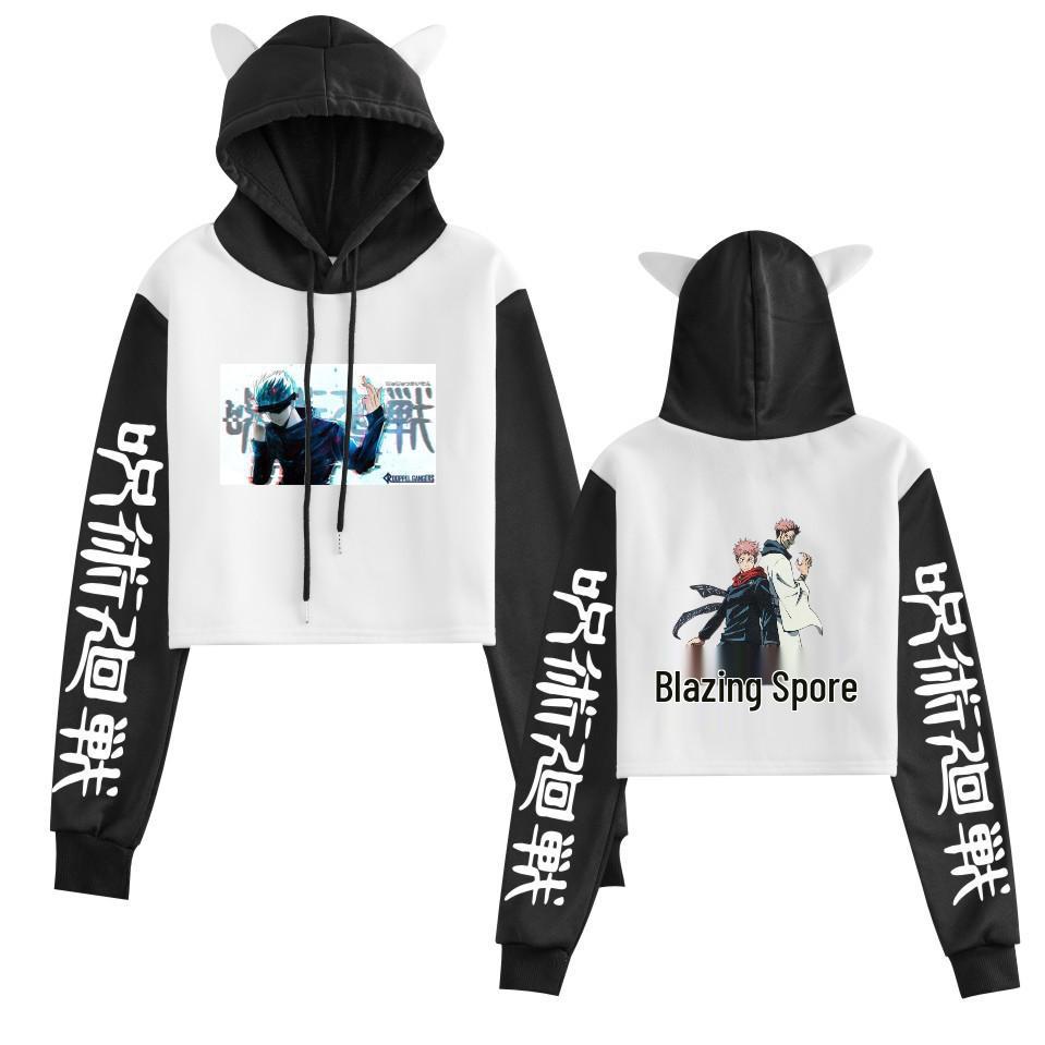 Худи с укороченным кроем и ушками кошки, дизайн Color Block, Годжо Сатору, Jujutsu Kaisen 2021