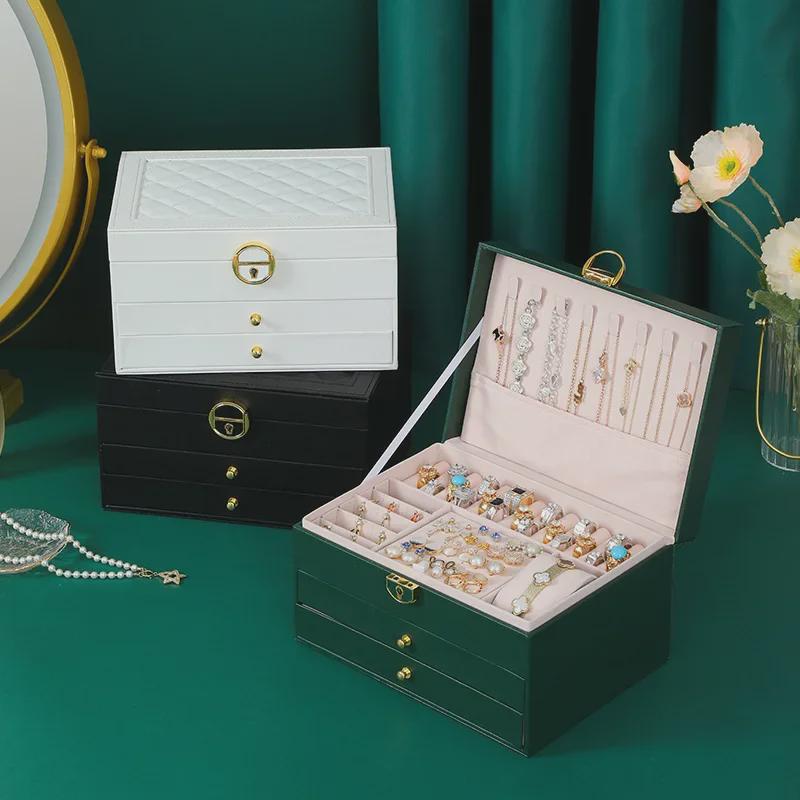 Three-Layer PU Leather Jewelry Box with Velvet Storage and Large Capacity Drawer