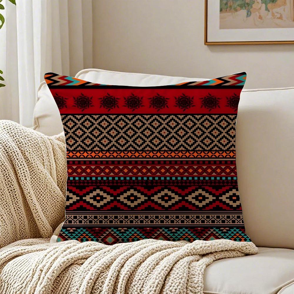 Red Bohemian Style Pillow Case Double-Sided Plush Sofa Cushion Covers Organic Breathable Invisible Zipper