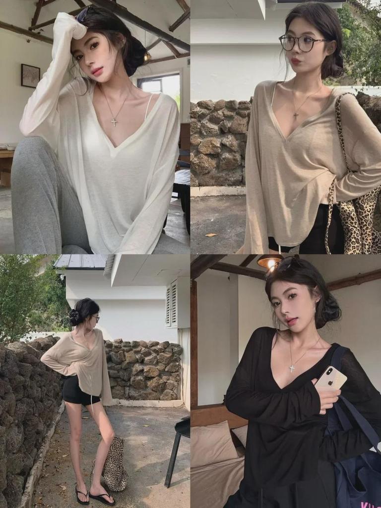 Women's Sheer White V-Neck Long-Sleeve Summer Blouse - Loose Fit, Sun Protection, Casual Top