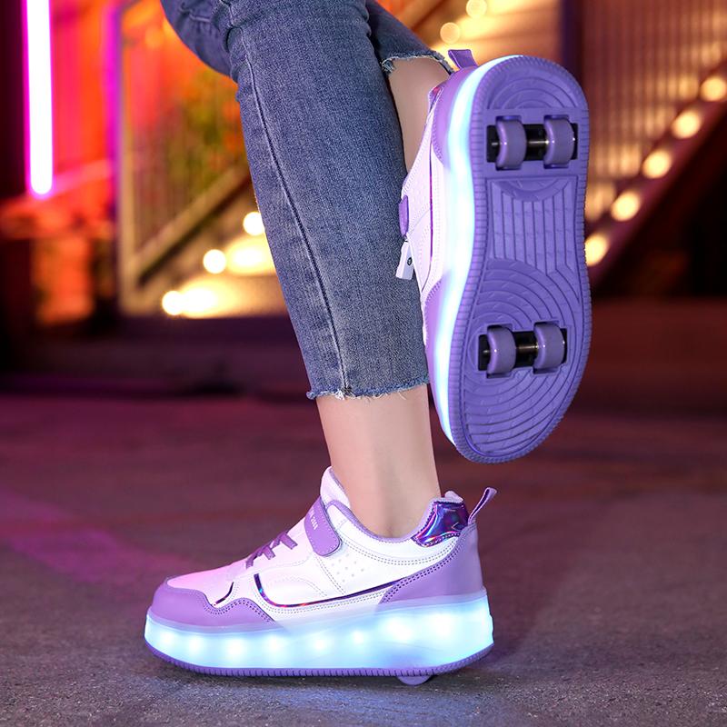Детские светящиеся спортивные туфли, резиновые туфли, твердые волшебные патчи, зарядные двухрядные четырехколесные скользящие туфли