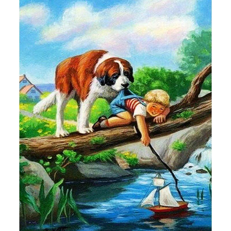 DIY 5D Алмазная картина "Маленький мальчик и собака" Вышивка крестиком Алмазная вышивка