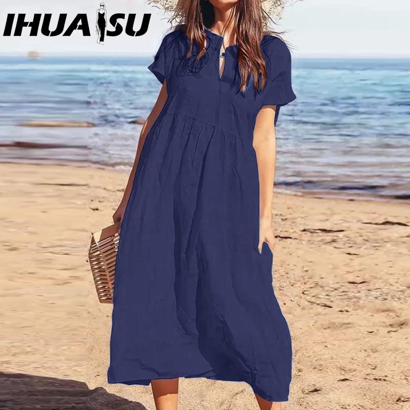 IHUASU Women's Fashion Summer Spring Solid Color Print High Waist Casual Dresses
