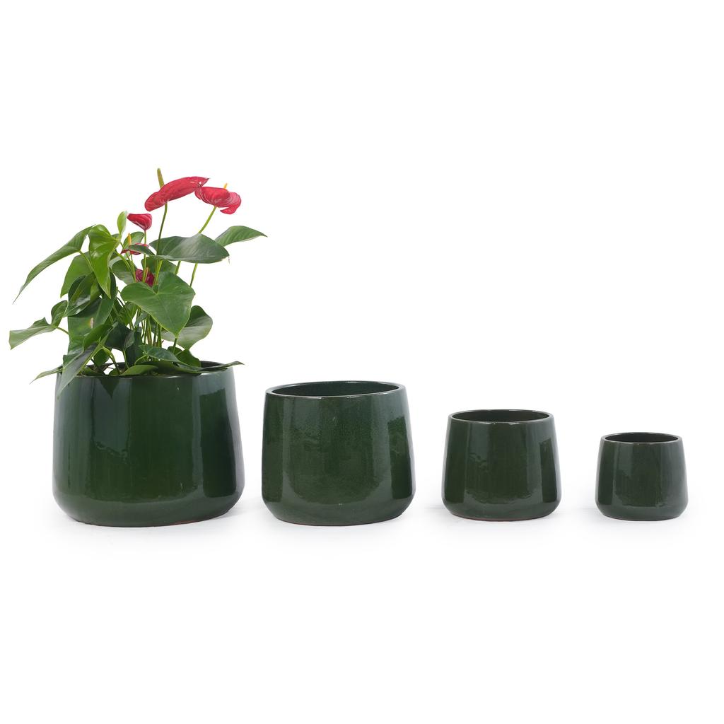 Handmade Ceramic Plant Pot Set 4-Piece (33/26/20/15 cm), Glossy Dark Green Glaze, Breathable, Frost-Resistant, Drainage Holes for Garden & Balcony