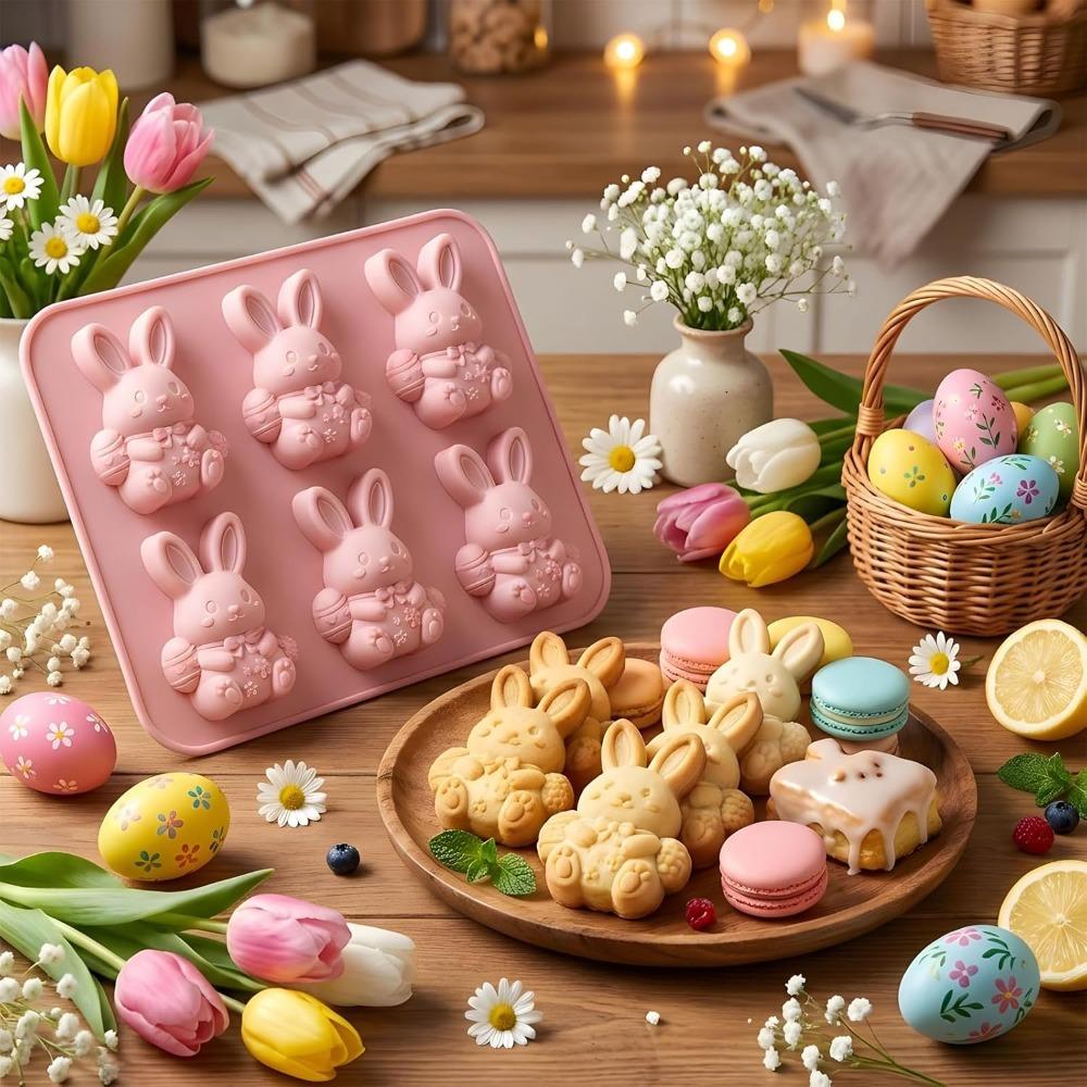 Cute Easter Bunny Silicone Mold – 6-Cavity 3D Ice Cube and Dessert Mold for Chocolate, Food-Grade Confectionery, and Cakes (3-Piece Set)