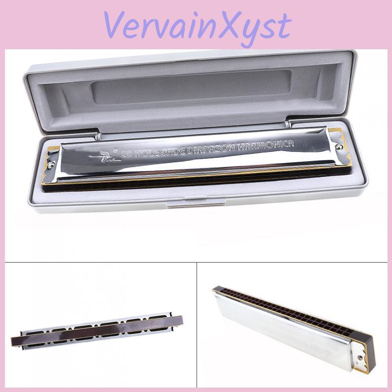 Серебряная диатоническая губная гармошка Blues Harp, 28 отверстий, сложный тон, с пластиковым футляром, для начинающих