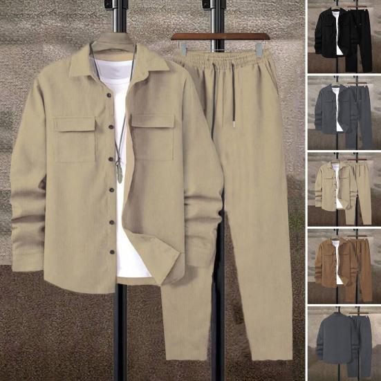 2Pcs/Set Men Sportwear Set Lapel Long Sleeve Flap Pockets Coat Elastic Drawstring