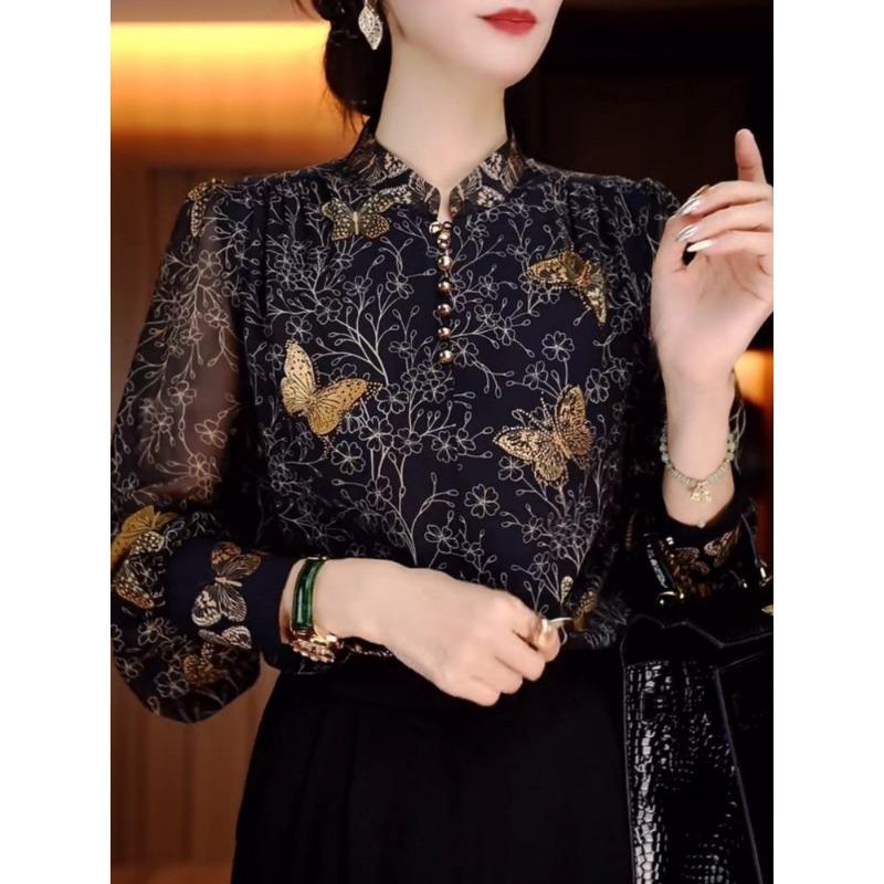 Модная рубашка с принтом бабочек и воротником-стойкой для женщин, новинка осени, свободный женский пуловер с длинным рукавом, базовая рубашка
