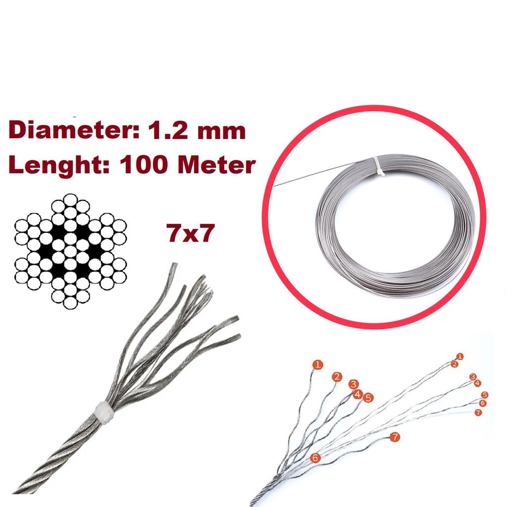 BDP1299 Door Hood Trunk Release Locking Latch Bowden Repair Steel Cable AISI304 7x7 Strands Diameter 1.2 Mm Length 100 Meter 