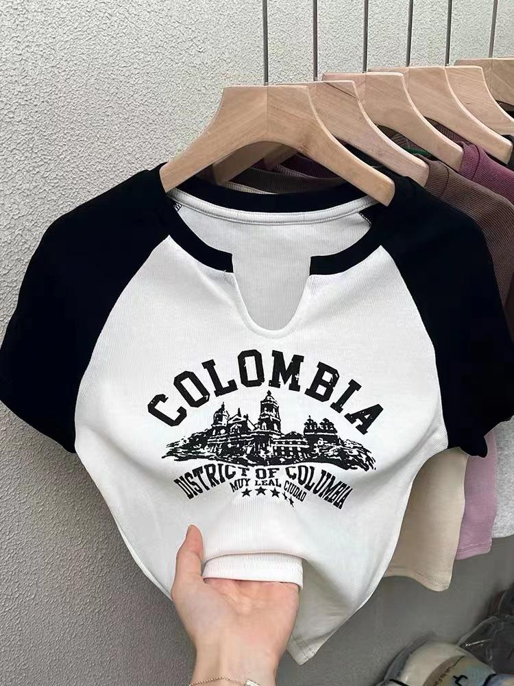 Casual O-neck Short Sleeve Letter Print T-shirt Summer Cute Female Tee Y2K Clothes Bodycon Tunics Crop Tops Fashion Tank Top