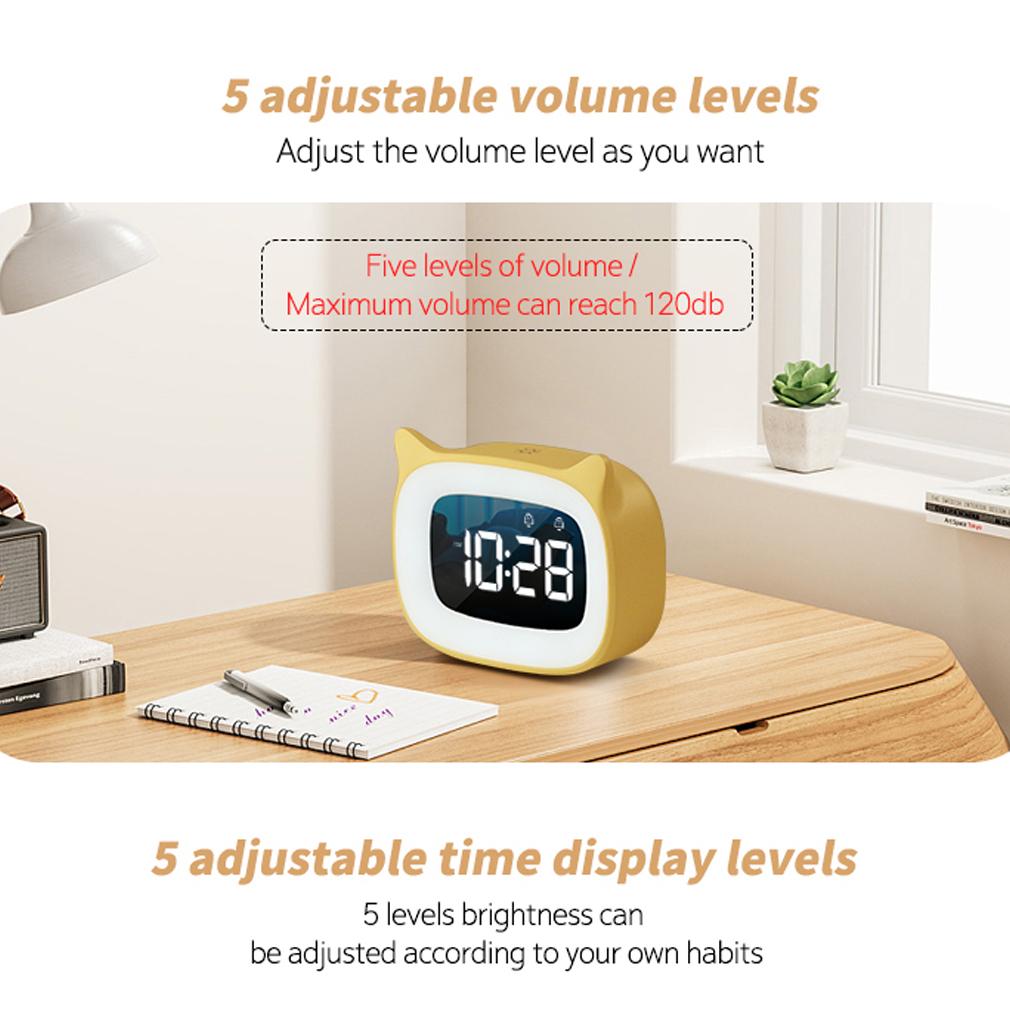 Kids LED Alarm Clock Night Light Stepless Dimming Cute Cat Ear Digital Clock Bedroom Bedside Electronic Desktop Clock Music Wake Up Children
