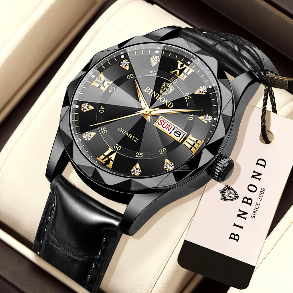 BINBOND Orginal Luxury Precise Quartz Watch For Men Auto Date Durable Luminous Waterproof Men's Watches Leather Strap Reloj