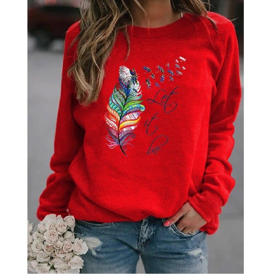 Новая зимняя мода женская одежда с принтом перьев повседневная толстовка с длинным рукавом футболка женская круглая горловина пуловер свитер