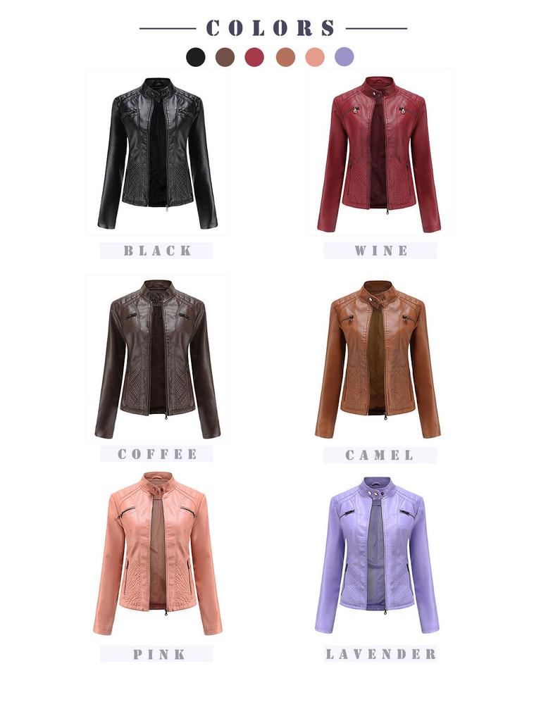 Women's Slim Fit Casual Leather Jacket with Stand Collar - Solid Color Spring/Autumn Outerwear