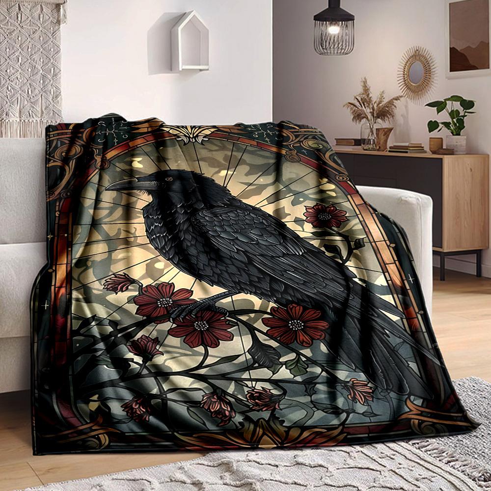 1pc Stained Glass Raven Blanket - Lightweight Flannel Fleece with Digital Printing, Soft Warm for Sofa, Travel, Camping, Office yy251018314