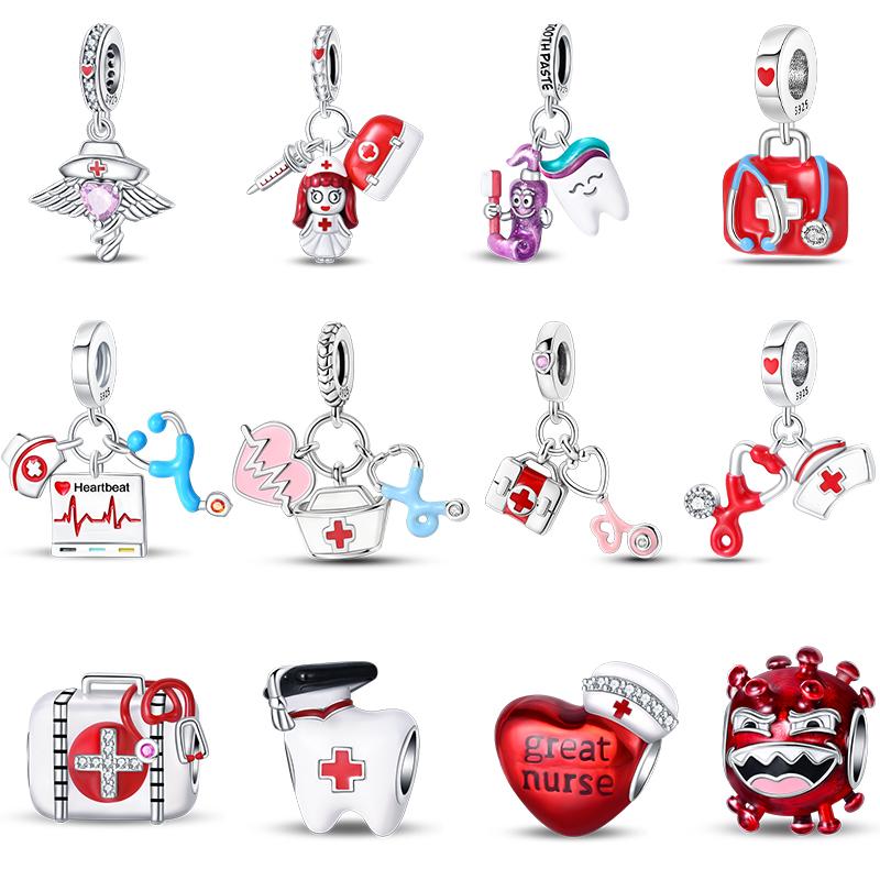 100% 925 Silver Red Heart Shaped Nurse Medicine Box Stethoscope Charms Beads Fit Qikaola Original Bracelets DIY Jewelry