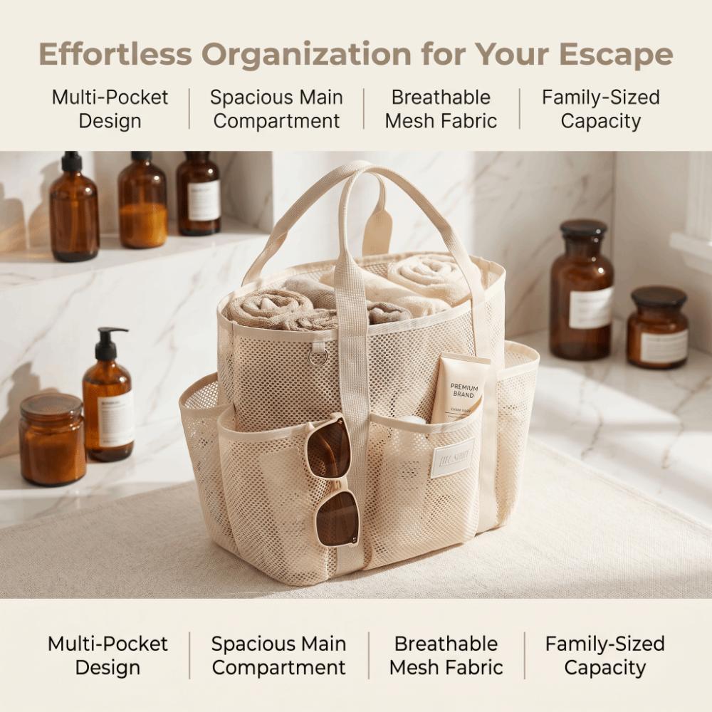 Internal Compartments Large Beach Tote Bag Multi-level Zoning Mesh Shower Bag  Travel