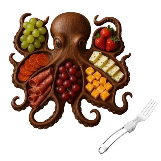 Блюдо для закусок «Осьминог» с вилкой, поднос для сырной доски в океанской тематике для мяса, сыра, фруктов, морепродуктов, деревянный сервировочный поднос, уникальный подарок