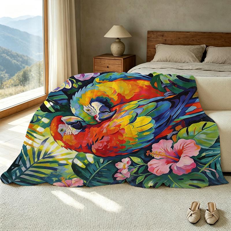 Soft Non-Shedding Flannel Fleece Blanket - Vibrant Parrot Floral Throw for Couch, Bed, Home Decor, Warm Binge-Watching, Halloween & Christmas