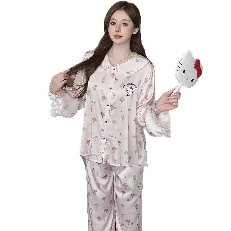 1011 new ice silk women's pajamas, long sleeves and trousers, color printed high-end loungewear set can be worn outside