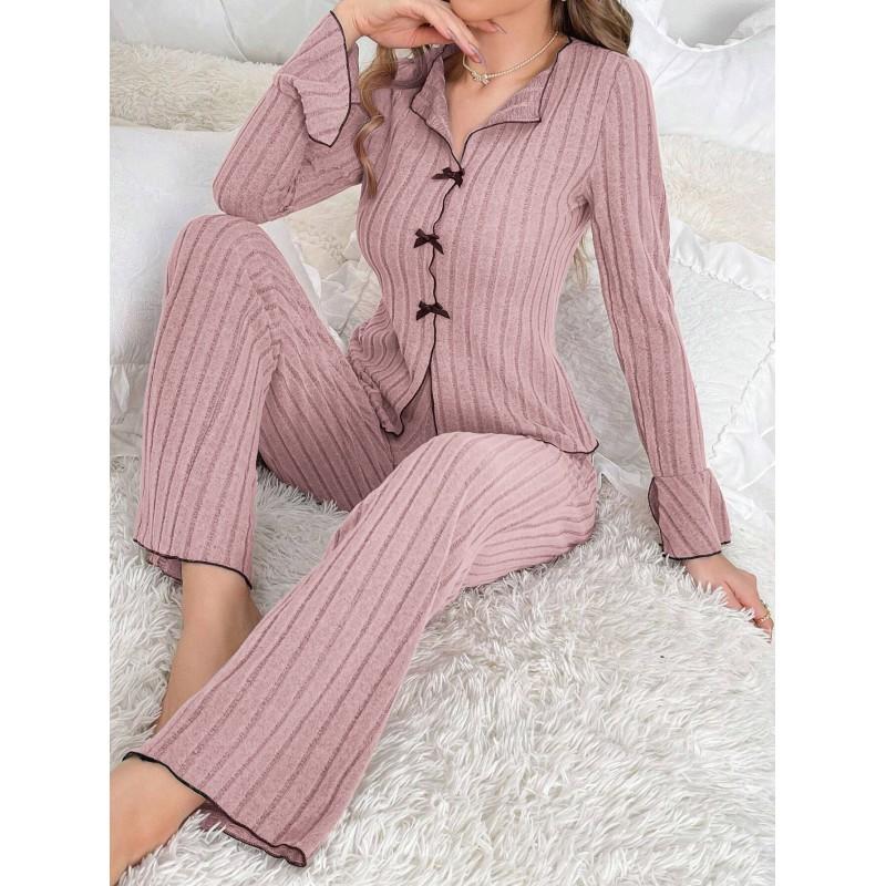 Womens Fleece Pajama Set With Collar Bow Long Sleeve Pants Cozy Home Lounge Sleepwear Winter