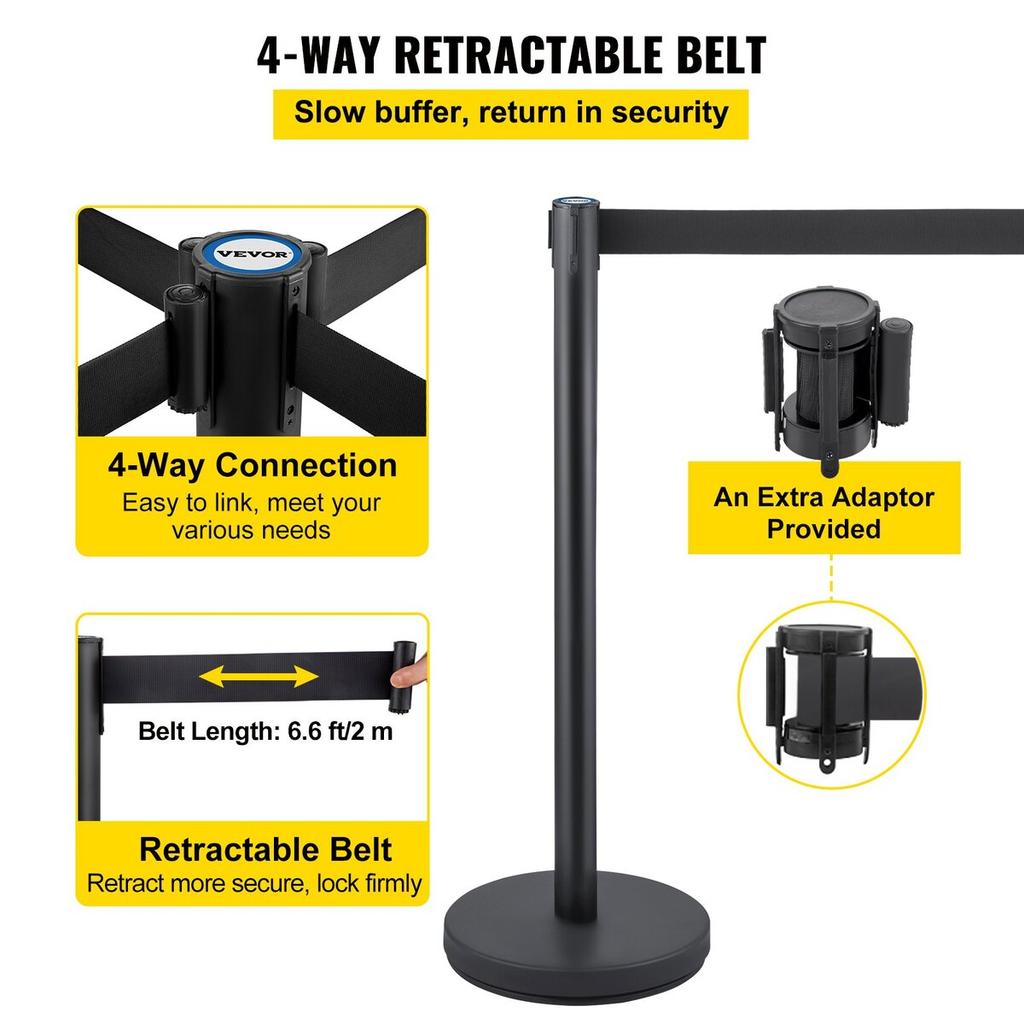 Crowd Control Stanchion, 8 Pieces Stanchion Set, with 6.6 ft/2 m Black Retractable Belt, Black Crowd Control Barrier w/Concrete and Metal Base, Easy