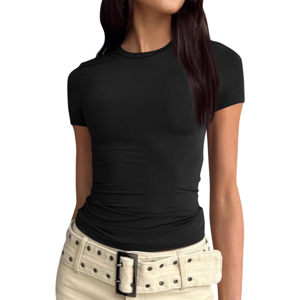 Women Short Sleeve Soild Sexy Cute Tee Slim Fit Tight Crop-Top T Shirt