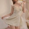 New Women's White Ruffled Pajama V-neck Short Doll Strap Skirt A-line Pajama Lace Satin Splicing Underwear Wedding Gift Hot