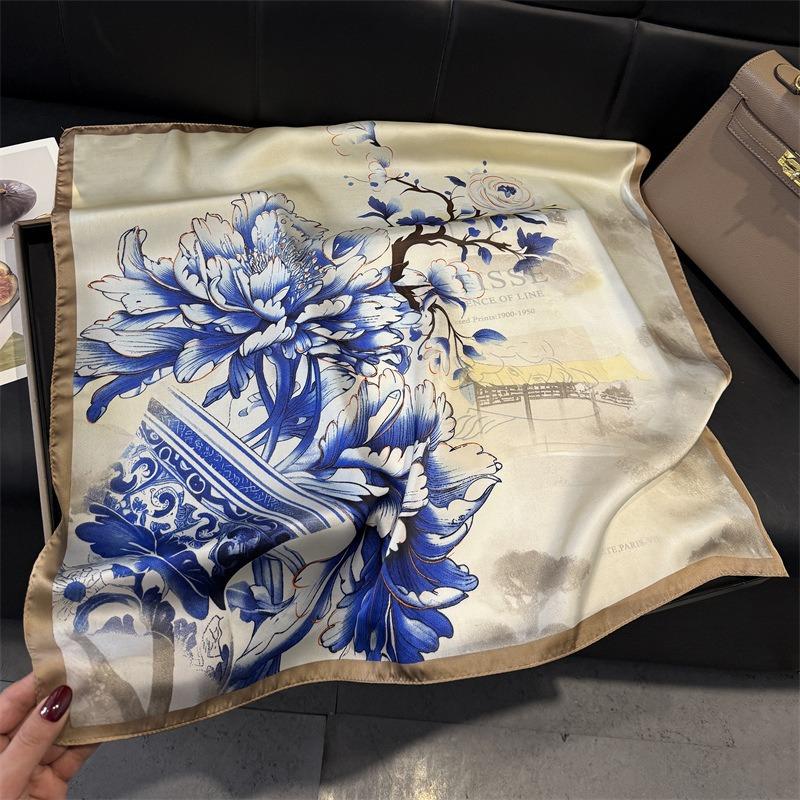 Women S Floral Printed Silk Like Square Scarf For Summer Sun Protection