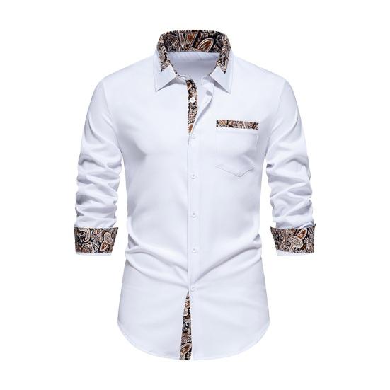 Мужская рубашка весенне-осеннего цвета с принтом контрастного цвета, однобортная ретро с длинными рукавами и пуговицами, облегающая посадка средней длины, нагрудный карман, формальный деловой топ