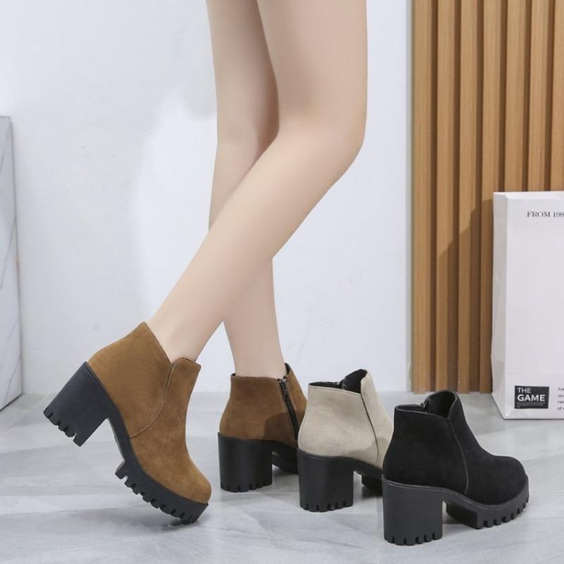 Короткие сапоги на грубом каблуке для женщин с круглым носком, молнией сбоку, толстой подошвой, высокие каблуки для женщин, ботинки Martin