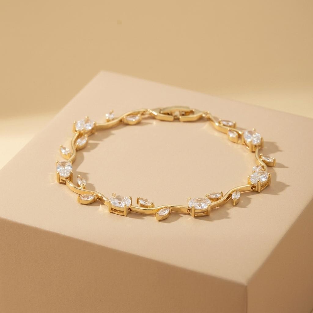 316L Stainless Steel Bracelet, Wavy Link Chain with Oval Zircon Rainbow Multi Color Gold Silver Tone Waterproof Gift for Her