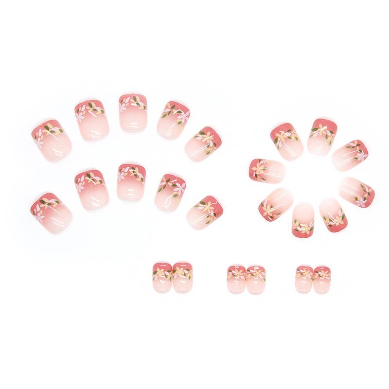 Ice through pink short wear nail summer French flower gradual change nail art piece finished wholesale hot sale