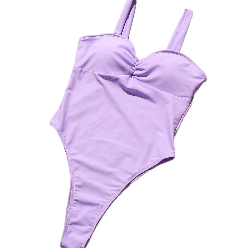 Shencai European-American Ruched Solid Color One-Piece Sexy Bikini Swimsuit for Women