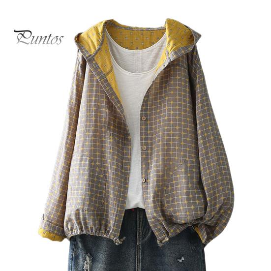 Women Spring Autumn Coat Hooded Drawstring Hem Long Sleeve Printing Loose Zipper Closure Jacket with Pockets Daily Wear Commuting Outerwear