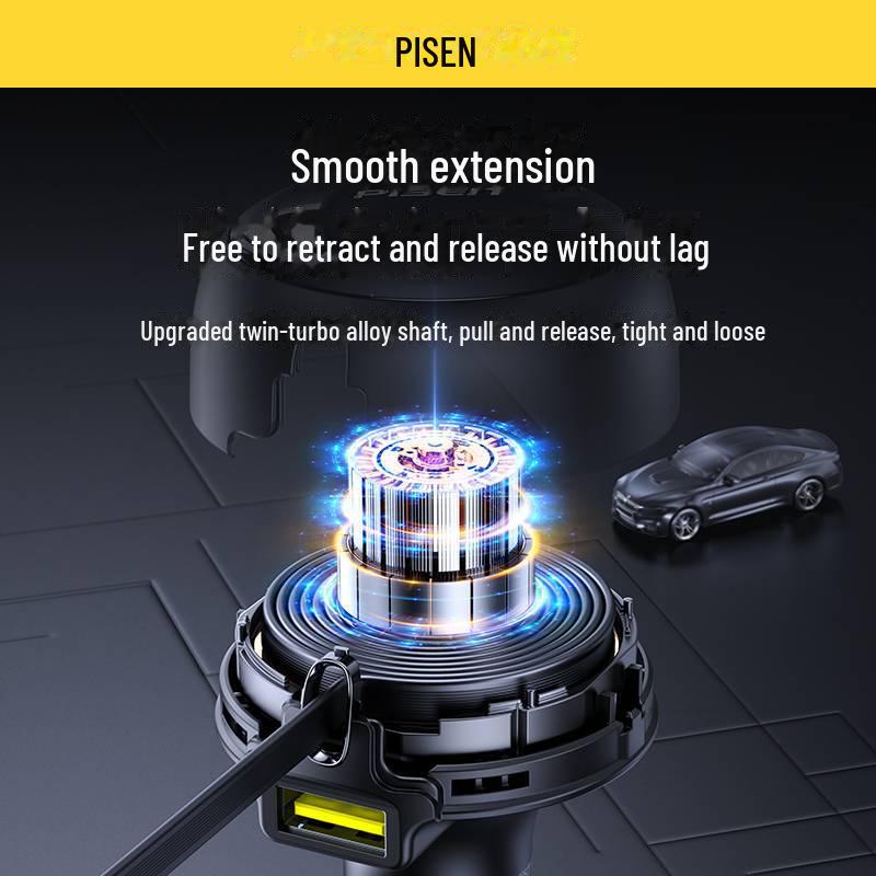 PISEN Super Fast Charging Car Charger with Retractable Cable - Compatible with Apple and Huawei Devices