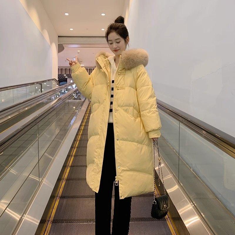 Длинное хлопковое пальто с капюшоном и длиной выше колена для женщин, зимнее пальто с большим меховым воротником, толстое хлопковое пальто, трендовые парки, куртки