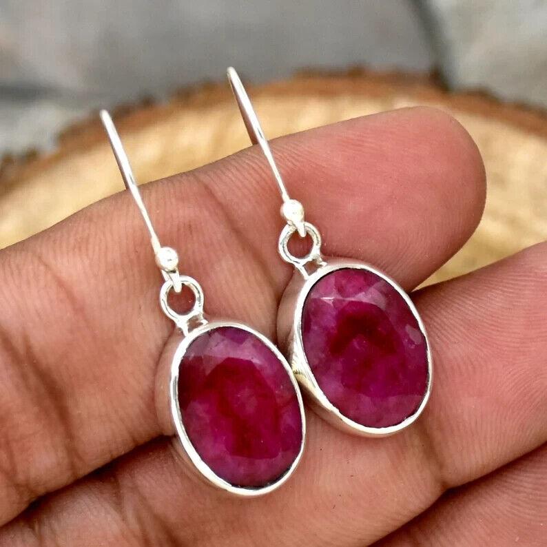 925 Sterling Silver Earring, Oval Gemstone, Ruby Earring, Statement Earring