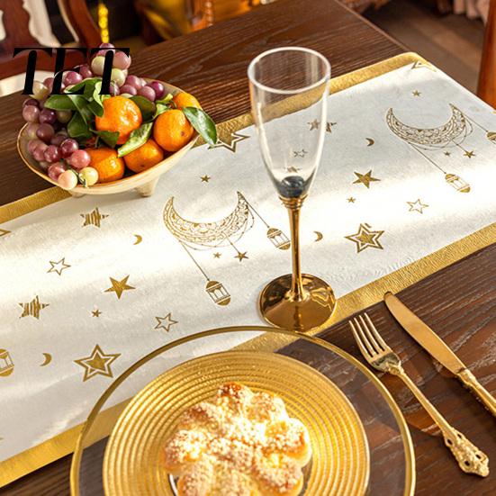 Elegant Velvet Table Runner Eid Mubarak Runner, Ramadan Gold Moon Stars Tablecloth, Islamic Happy Luxury Dining Linen Holiday Rectangular Cloth
