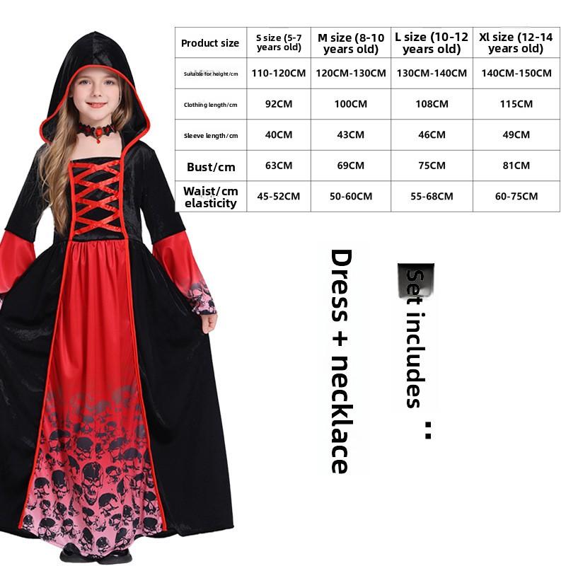 Luxury Vampire Costume For Halloween Party Children Stand Collar Witch Cosplay Girls Performance Role Play Dress Black Red