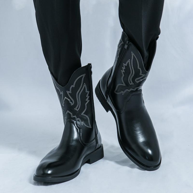 European and American Western Cowboy Boots Trendy Men's Shoes Tooling Fashionable Retro Zipper Martin Boots High-top Boots