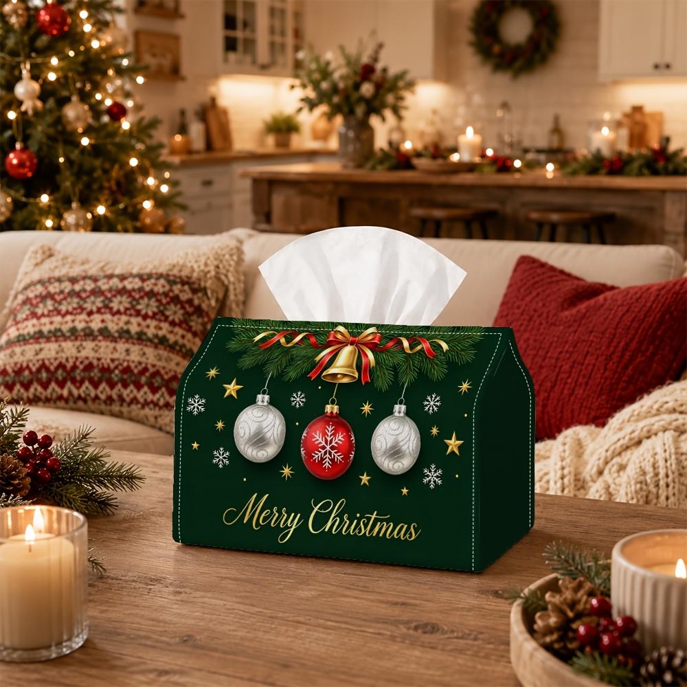 1pc Tissue Box Holder with Christmas Elegant Festive Botanical Design-Bauble Ornament Branch,Durable Polyester,Ideal for Kitchen,Living Room,Bedroom,B