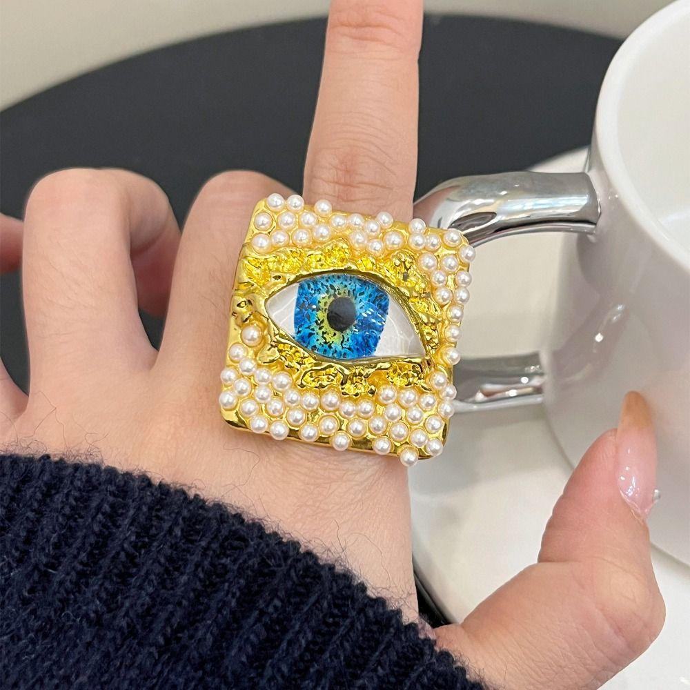 Geometric Demon Eye Ring Pearl Vintage Gold Ring Creative Blue Eyes Ring  Friends