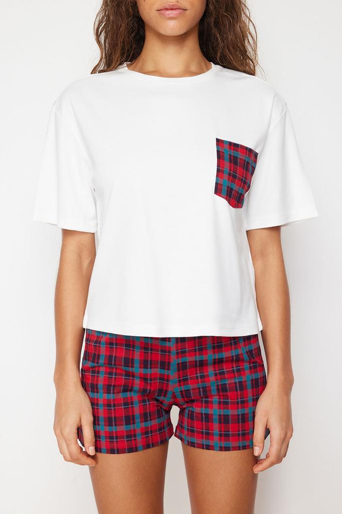 Women's Fashion White Multicolored 100% Cotton Plaid Knitted Pajama Set