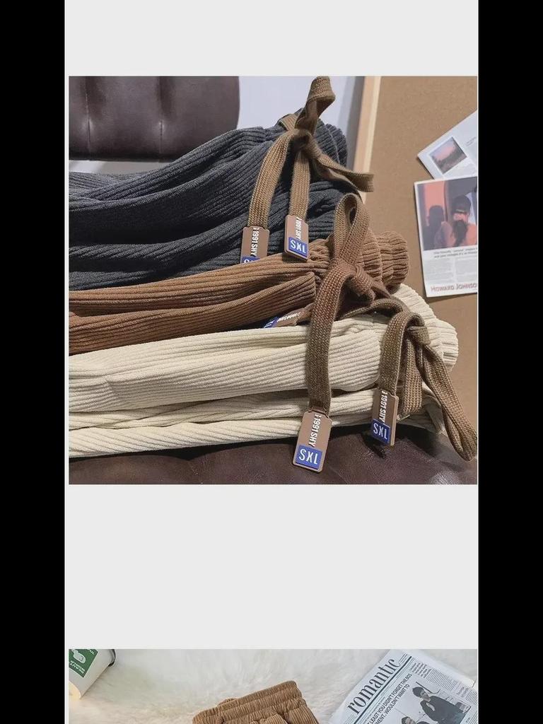 Men's Japanese Retro Corduroy Drawstring Pants - Loose, Wide-Leg, Straight Fit for Spring and Autumn