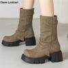 Women's New Autumn and Winter Calf Boots with Pleated Thick High Heels and Fashionable Vintage Thick Bottom Street Mid Leg Boots